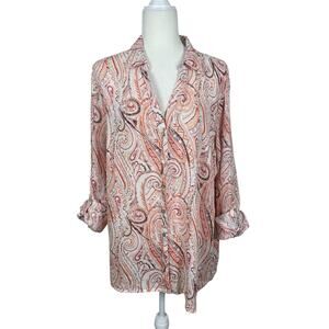 Rachel Zoe 100% Flax Linen Paisley Button Front Roll Tab Sleeve Top Size XL